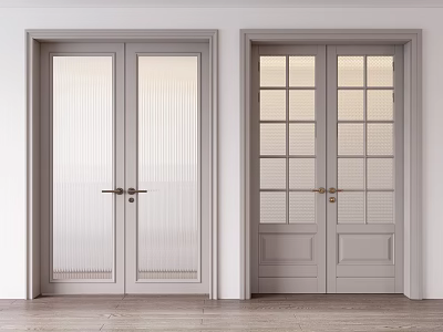 Modern Interior Double Doors With Vertical Stripe And Grid Glass Design In Light Gray Frame 3d model