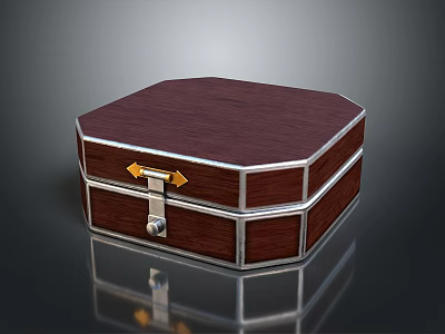 Ornament Decoration Set Featuring Octagonal Dark Wooden Box Silver Metal Trim Golden Clasp Silver Lock 3d model