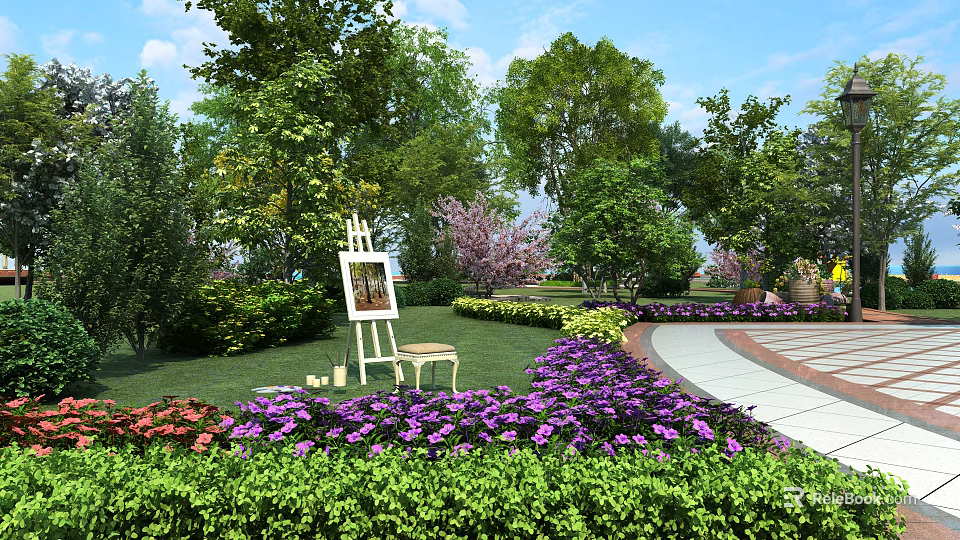 Beautiful Garden Landscape With Purple Flowers Green Shrubs Trees Easel And Bench 3d model 