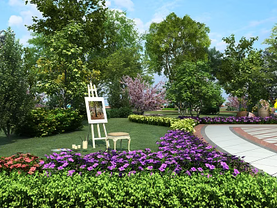 Beautiful Garden Landscape With Purple Flowers Green Shrubs Trees Easel And Bench 3d model