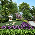 Beautiful Garden Landscape With Purple Flowers Green Shrubs Trees Easel And Bench