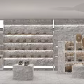 Modern Shopping Mall Counter Interior With Marble Display Shelves And Product Arrangement