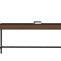 Wooden Desk with Black Metal Legs Two Drawers and Book on Top