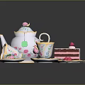 Elegant White And Pink Tea Set With Rose Patterns Teapot Teacups Saucers And Strawberry Cake