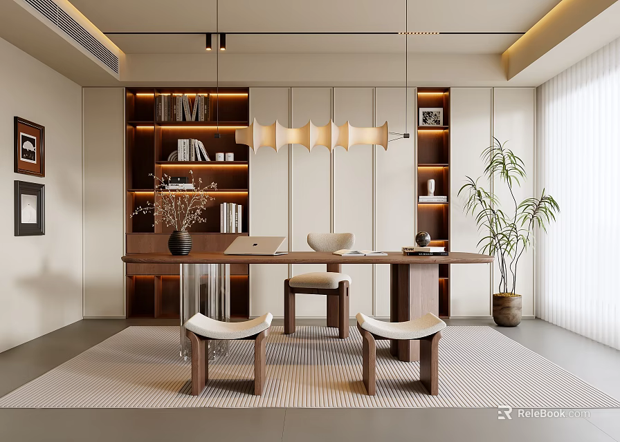 Modern Study Room Interior Design With Wooden Desk Bookshelves Pendant Lights Potted Plant And Rug 3d model 