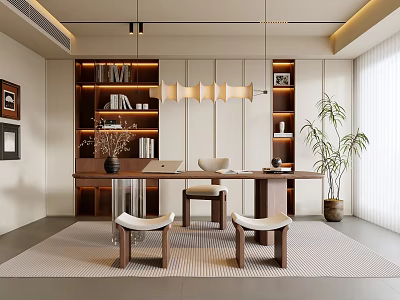 Modern Study Room Interior Design With Wooden Desk Bookshelves Pendant Lights Potted Plant And Rug 3d model