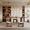 Modern Study Room Interior Design With Wooden Desk Bookshelves Pendant Lights Potted Plant And Rug