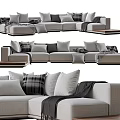 L Shaped Light Colored Casual Sofa Set With Plaid Pillows And Wooden Base