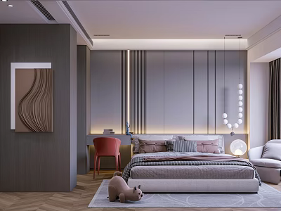 Modern Bedroom Interior Design With Bedhead Wall Pendant Lights Red Chair And Decorative Rug 3d model