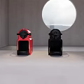 Sleek Kitchen Interior With Red And Black Appliances Gray Walls And Round Window