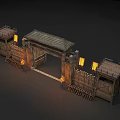 Ancient Wooden Gate Structure With Watchtowers Lit Torches And Palisade Fence