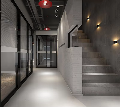 Modern Elevator Corridor With Glass Doors Staircase And Wall Lights In Gray Tones 3d model