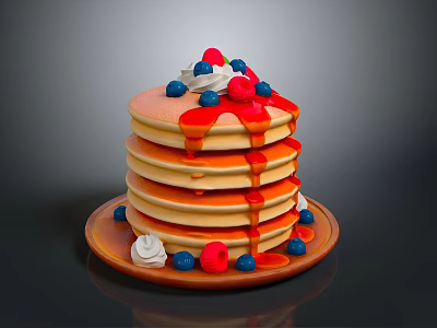 Stack of Fluffy Pancakes Topped with Fresh Berries Whipped Cream and Syrup 3d model