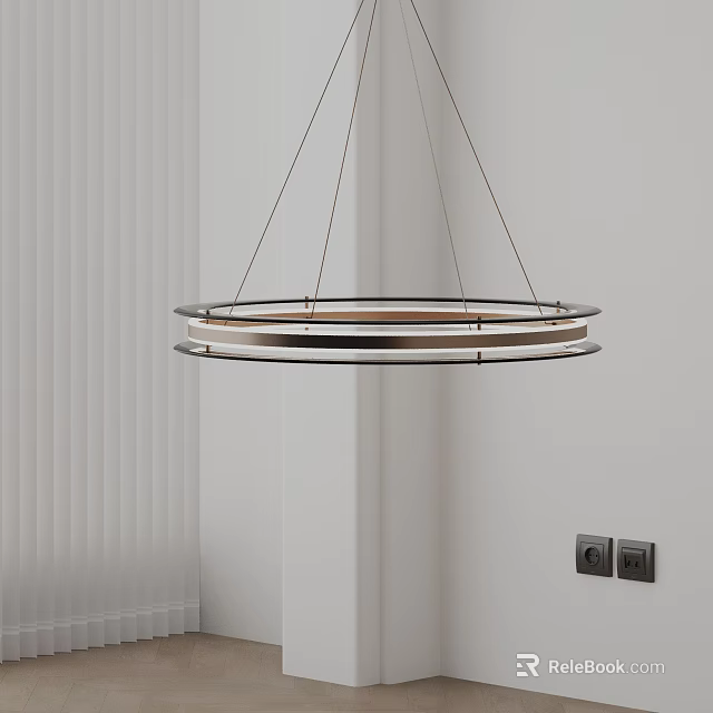 Modern Circular Chandelier With Metal Frame Hanging Near Vertical Blinds White Wall 3d model 