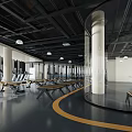 Modern Fitness Gym Interior With Treadmills Weight Benches Training Markings Glass Partitions And Black Floor