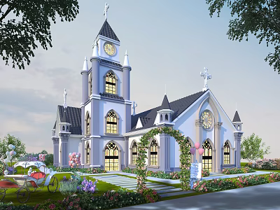 Elegant European Style Architecture With Clock Tower Spires And Arched Windows In Garden Setting 3d model