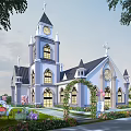 Elegant European Style Architecture With Clock Tower Spires And Arched Windows In Garden Setting