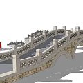 Traditional Arch Landscape Bridge With Stone Structure And Red Railing Design 3d model