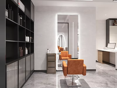 Modern Hair Salon Interior With Orange Chairs Large Mirror And Black Shelves 3d model
