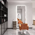 Modern Hair Salon Interior With Orange Chairs Large Mirror And Black Shelves