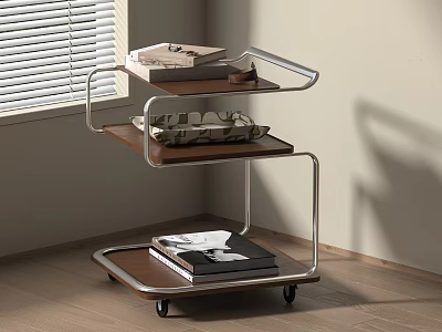3 Tier Rolling Shelf Trolley With Wooden Shelves And Metal Frame For Living Room 3d model