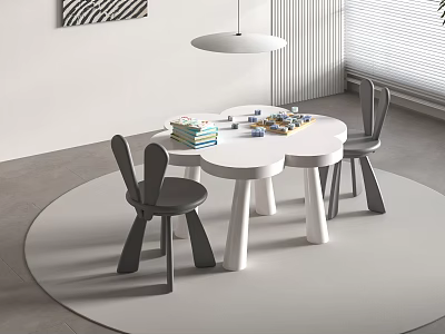 Three Petal Flower Shaped Kids Table With Rabbit Ear Chairs And Building Blocks On Minimalist Rug 3d model