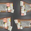 Functional Corkboard Wall Mounted Organizer with Pinned Notes Map and 3d model