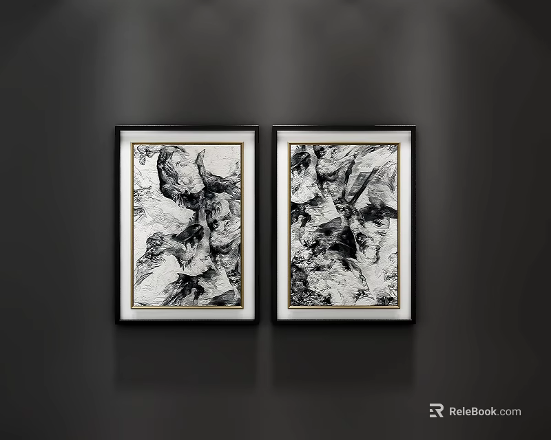 Two Black and White Abstract Paintings with Black Framed Gold Trim on Dark Wall 3d model 