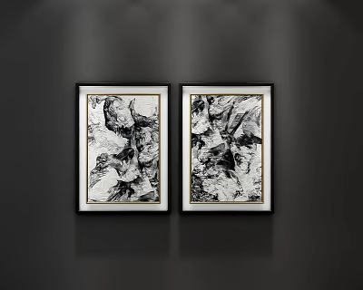 Two Black and White Abstract Paintings with Black Framed Gold Trim on Dark Wall 3d model