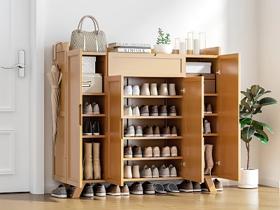Wooden Shoe Cabinet With Multi tier Shelves Various Shoes And Decorative Items On Top 3d model