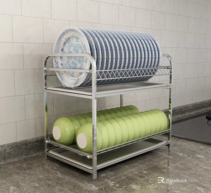 Modern Kitchen Cabinets With Stainless Steel Dish Rack Blue White Plates And Green Bowls 3d model 