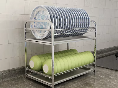 Modern Kitchen Cabinets With Stainless Steel Dish Rack Blue White Plates And Green Bowls 3d model