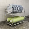 Modern Kitchen Cabinets With Stainless Steel Dish Rack Blue White Plates And Green Bowls