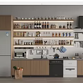 Modern Kitchen Shelves With Arranged Spice Bottles And Kitchen Supplies