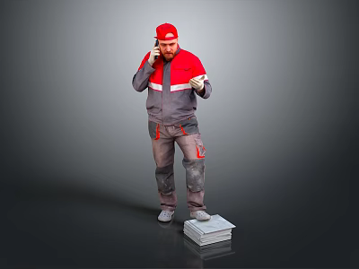 Man Wearing Red Cap And Gray Work Uniform Talking On Phone By Stack Of Bricks 3d model