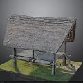 Rustic Thatched Roof Shelter With Wooden Frame And Green Grass Base