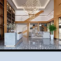 Modern Luxury Retail Store Lobby With Front Desk Sofa Chandelier Green Plant And Marble Floor