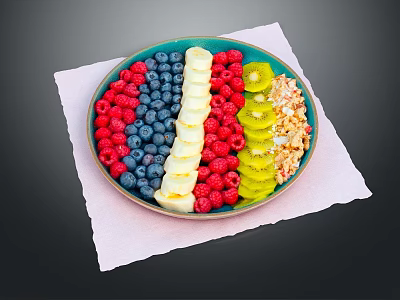 Colorful Fresh Mixed Fruits Plate with Raspberries Blueberries Banana and Kiwi Slices on White Napkin 3d model