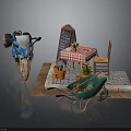 Outdoor Café Scene With Blue Motorcycle Chalkboard Table Chair Flower Pots And Wheelbarrow