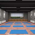 Yoga Fitness Studio With Wooden Floor Mats Blocks Aerial Hammocks And Exercise Posters