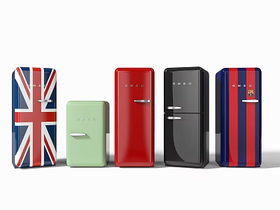 Retro Refrigerators In Various Colors With Union Jack And Stripe Patterns 3d model