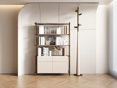 Modern Minimalist Bookcase With Metal Frame Wooden Shelves Storage Cabinets And Decorative Items 3d model