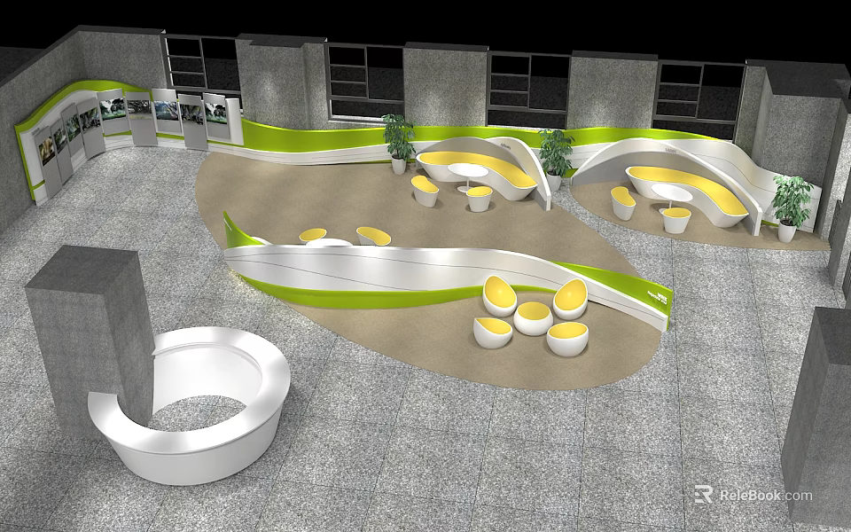 Modern Casual Lounge Area With Curved White Green Decor And Yellow Round Seats 3d model 