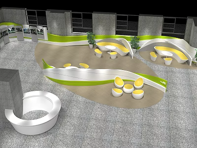 Modern Casual Lounge Area With Curved White Green Decor And Yellow Round Seats 3d model