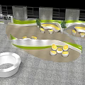 Modern Casual Lounge Area With Curved White Green Decor And Yellow Round Seats