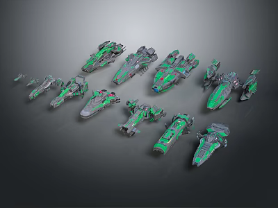 Detailed Sci Fi Cosmic Spacecraft Models Green and Gray Arranged Together 3d model