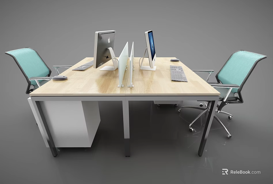 Modern Office Desk with Wooden Top Two Computer Monitors Keyboard Mouse and Blue Chairs 3d model 