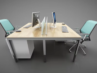 Modern Office Desk with Wooden Top Two Computer Monitors Keyboard Mouse and Blue Chairs 3d model