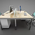 Modern Office Desk with Wooden Top Two Computer Monitors Keyboard Mouse and Blue Chairs