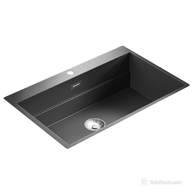 Modern Black Rectangular Undermount Single Bowl Sink With Drain And Faucet Hole 3d model 